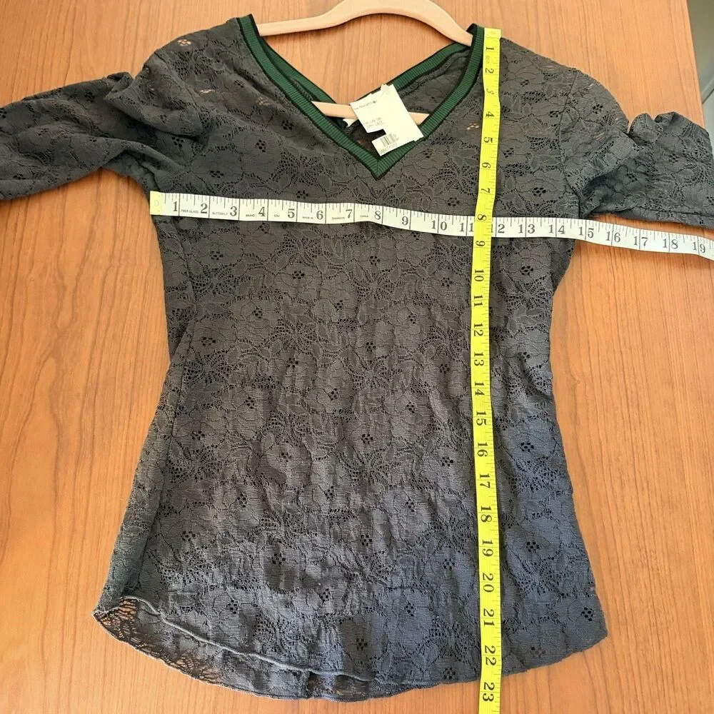 Free People Lace Long Sleeve Top XS Gray V-Neck Sheer Stretch Nylon Green Trim